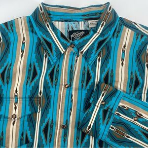 NWT Roper Vintage USA Aztec Pearl Snap Long Sleeve Women’s Size Large Blue Brown